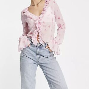 ASOS DESIGN frill neck volume sleeve top w/ button front in pink floral